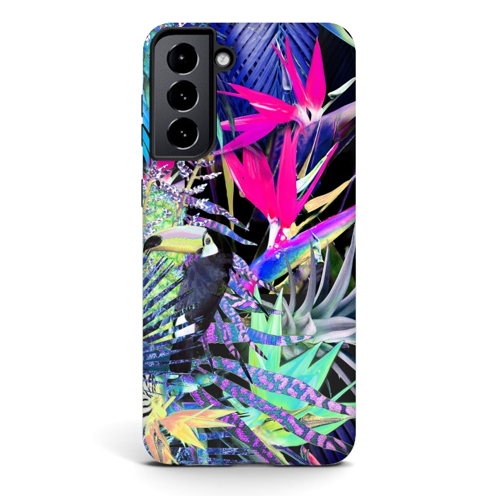 Galaxy S21 plus StrongFit Colorful neon toucan and strelitzia jungle pattern by Oana 