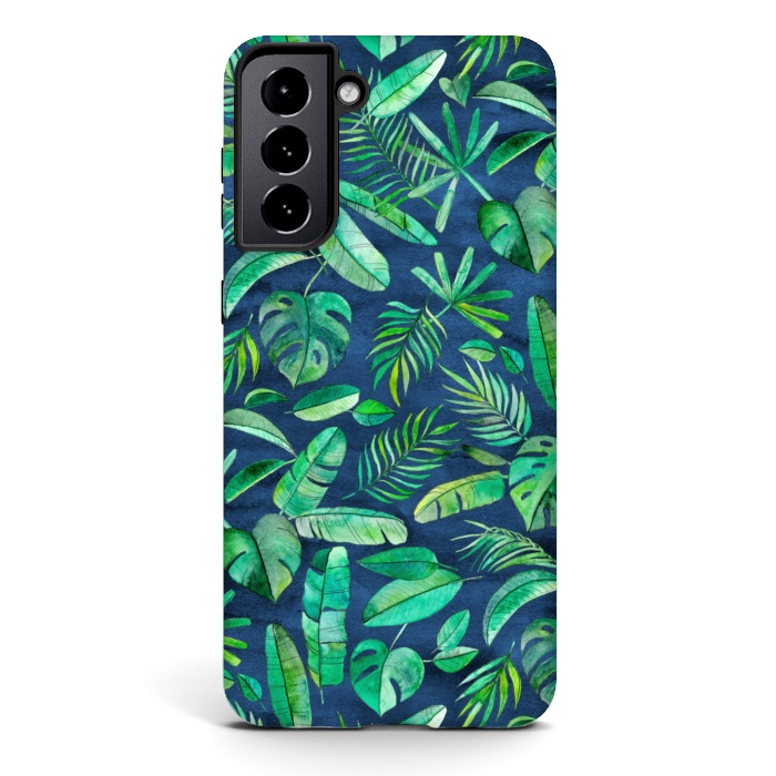 Galaxy S21 StrongFit Emerald Tropical Leaf Scatter on textured Navy Blue by Micklyn Le Feuvre