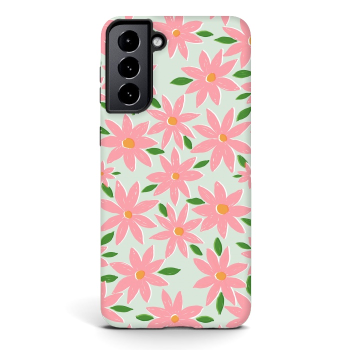 Galaxy S21 StrongFit Pretty Hand Paint Pink Daisy Flowers Mint Design by InovArts
