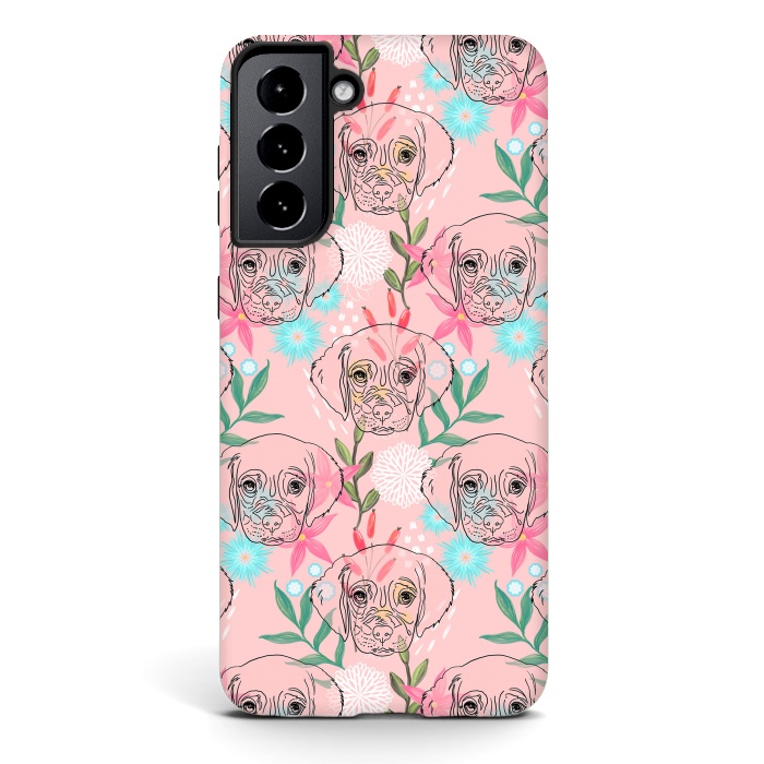 Galaxy S21 plus StrongFit Cute Puppy Dog and Flowers Pink Creative Art by InovArts