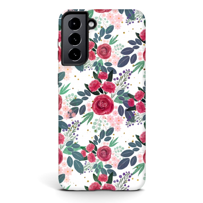 Galaxy S21 StrongFit Cute Rose Pink Peonies Watercolor Paint Gold Dots Design by InovArts