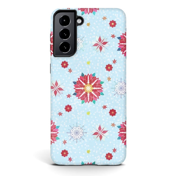 Galaxy S21 StrongFit Trendy Winter Red Poinsettias White Snowflakes Pattern by InovArts