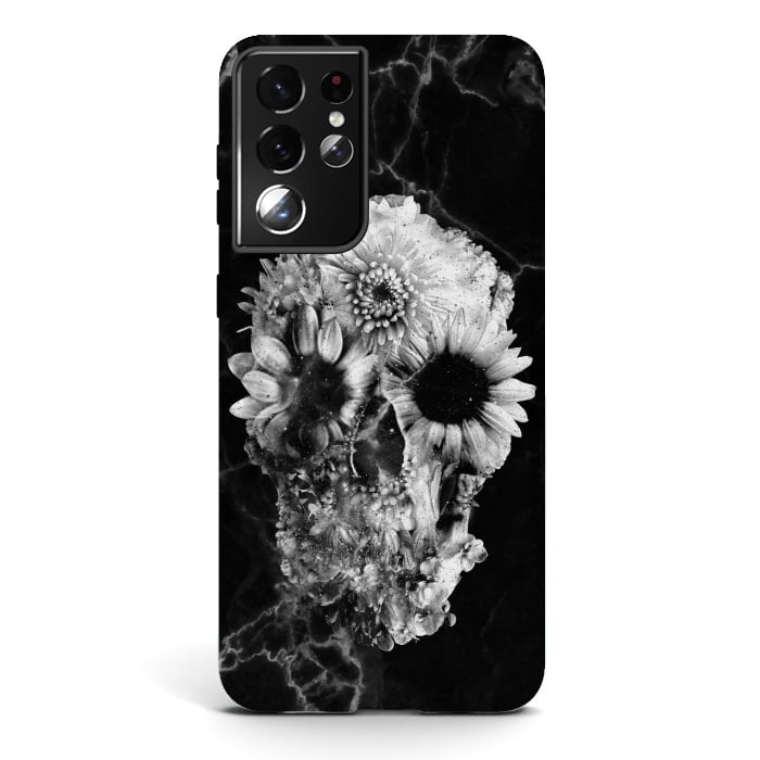 Galaxy S21 ultra StrongFit Floral Skull Marble by Ali Gulec