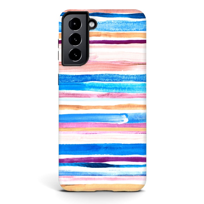Galaxy S21 StrongFit Pastel Pink, Plum and Cobalt Blue Gouache Stripes by Micklyn Le Feuvre