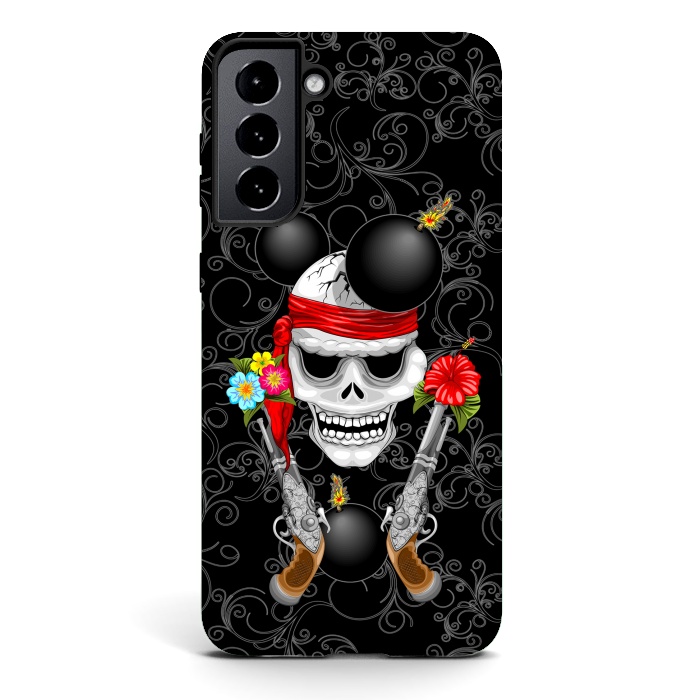Galaxy S21 plus StrongFit Pirate Skull, Ancient Guns, Flowers and Cannonballs by BluedarkArt