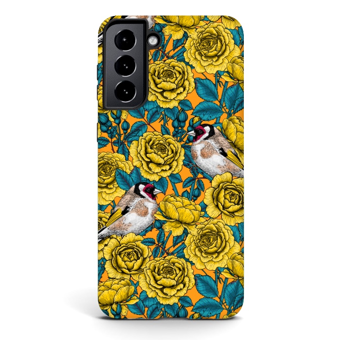 Galaxy S21 StrongFit Rose flowers and goldfinch birds by Katerina Kirilova