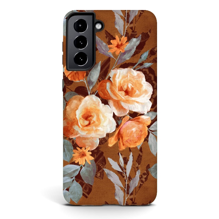 Galaxy S21 StrongFit Chintz Roses on Rust Brown by Micklyn Le Feuvre