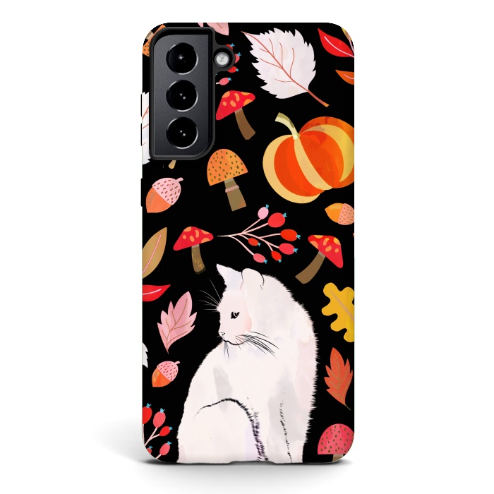 Galaxy S21 StrongFit Autumn nature pattern with white cat by Oana 