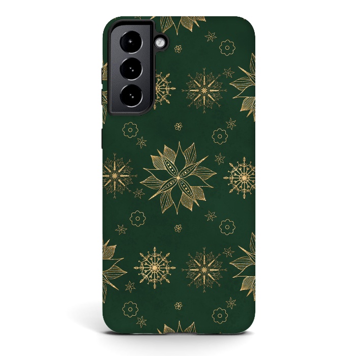 Galaxy S21 plus StrongFit Elegant Gold Green Poinsettias Snowflakes Winter Design by InovArts