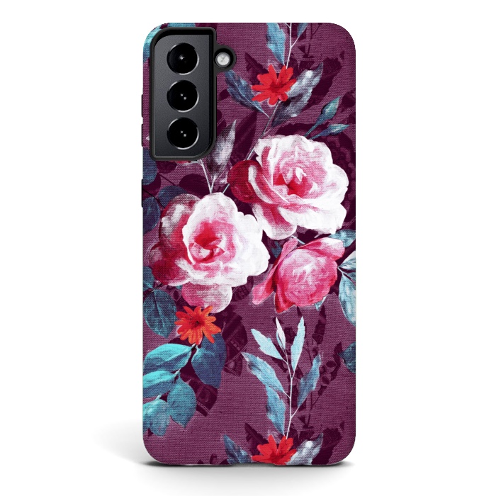 Galaxy S21 plus StrongFit Retro Rose Chintz in Magenta and Plum by Micklyn Le Feuvre