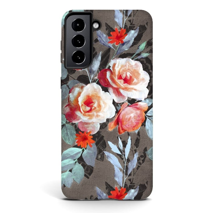 Galaxy S21 plus StrongFit Retro Rose Chintz in Scarlet, Peach, Sage and Grey by Micklyn Le Feuvre