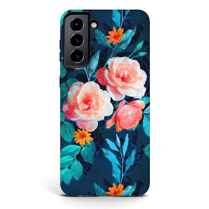 Galaxy S21 plus StrongFit Retro Rose Chintz in Bright Coral and Peach on Indigo Blue by Micklyn Le Feuvre