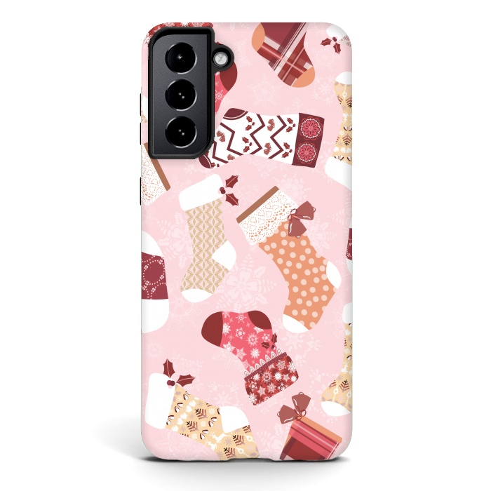 Galaxy S21 plus StrongFit Christmas Stockings in Pink and Orange by Paula Ohreen