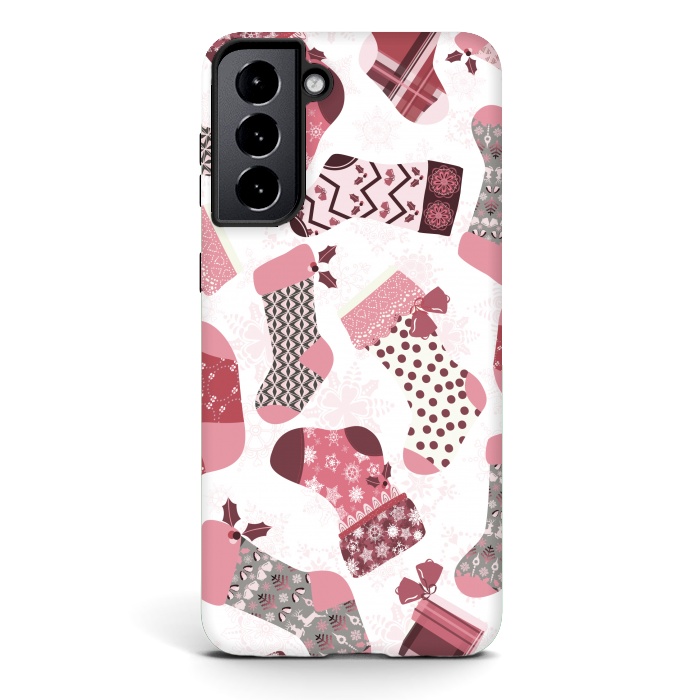 Galaxy S21 plus StrongFit Christmas Stockings in Pink and Gray by Paula Ohreen