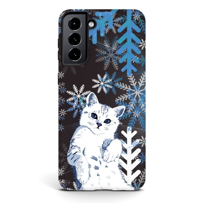 Galaxy S21 StrongFit Cute kitty with blue metallic snowflakes by Oana 