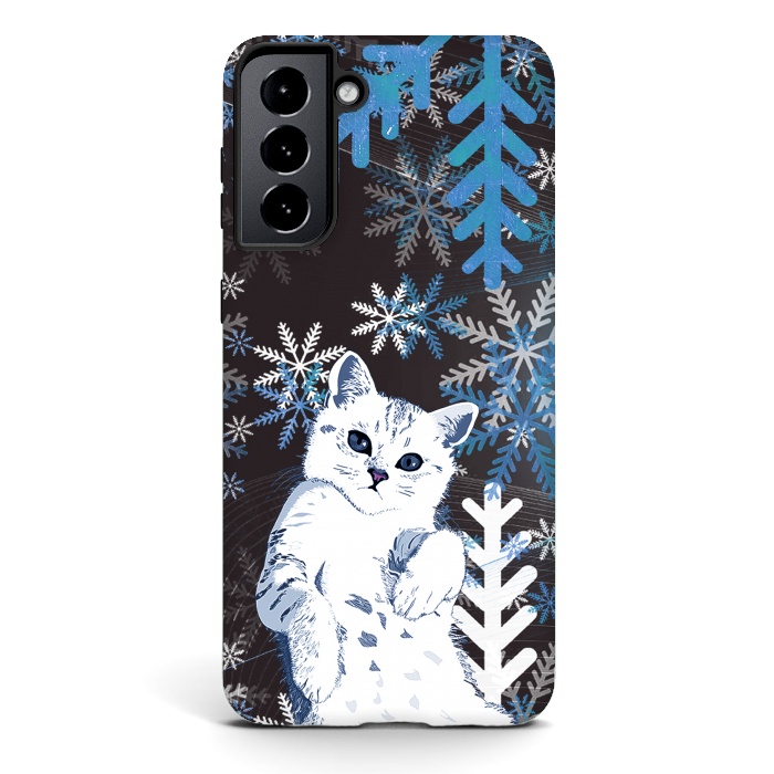 Galaxy S21 plus StrongFit Cute kitty with blue metallic snowflakes by Oana 