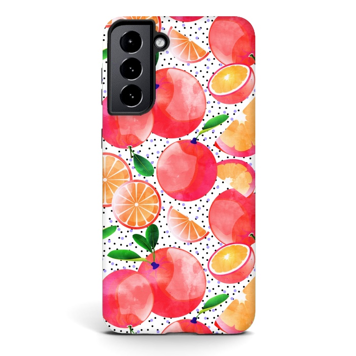 Galaxy S21 plus StrongFit Citrus Tropical | Juicy Fruits Polka Dots | Food Orange Grapefruit Pink Watercolor Botanica by Uma Prabhakar Gokhale