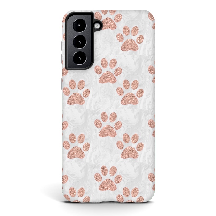 Galaxy S21 plus StrongFit Rose Gold Paw Prints on Marble by Julie Erin Designs
