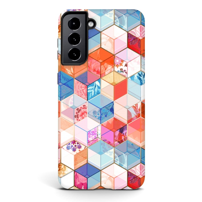 Galaxy S21 StrongFit Coral, Cream and Cobalt Kaleidoscope Cubes by Micklyn Le Feuvre