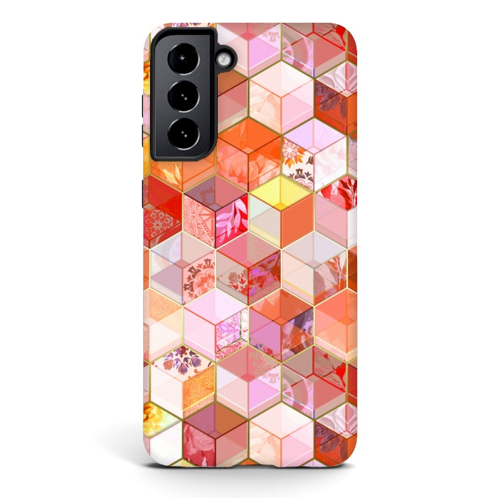 Galaxy S21 plus StrongFit Gold and Garnet Kaleidoscope Cubes by Micklyn Le Feuvre