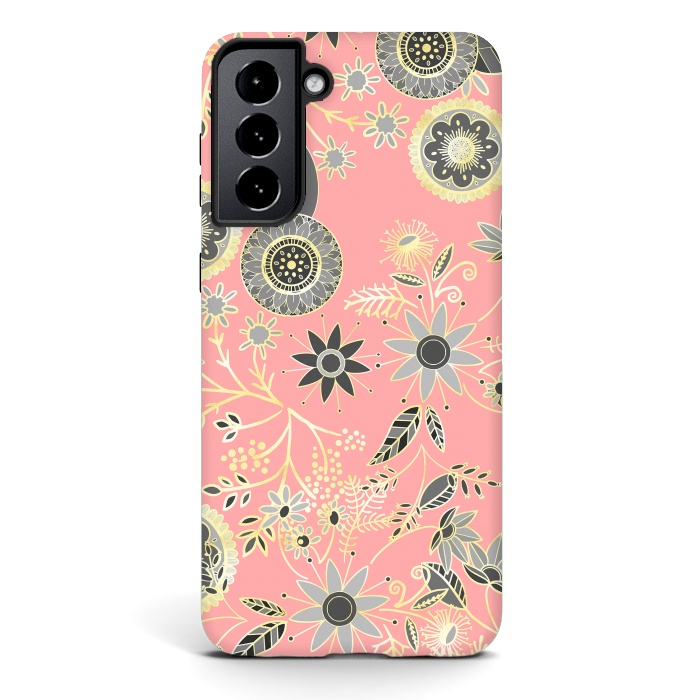 Galaxy S21 plus StrongFit Elegant Gray and Pink Folk Floral Golden Design by InovArts