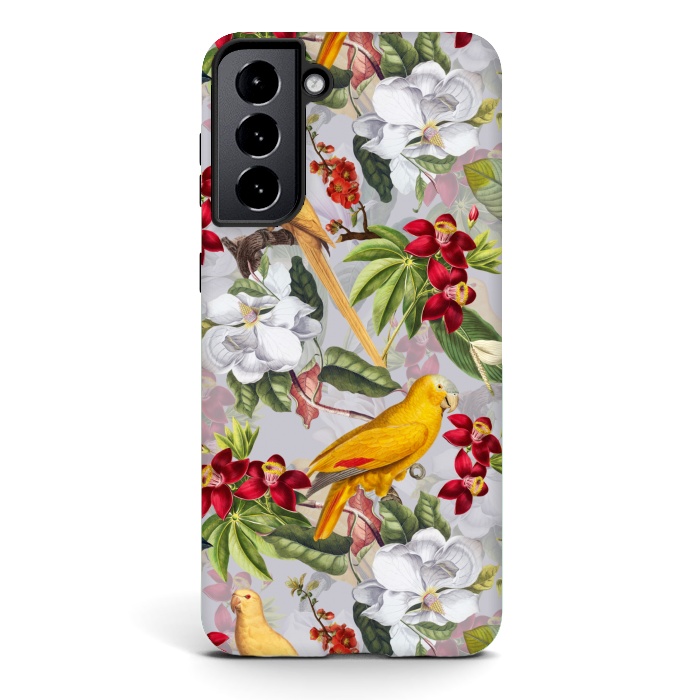 Galaxy S21 StrongFit Antique Yellow Parrots in Flower Jungle by  Utart
