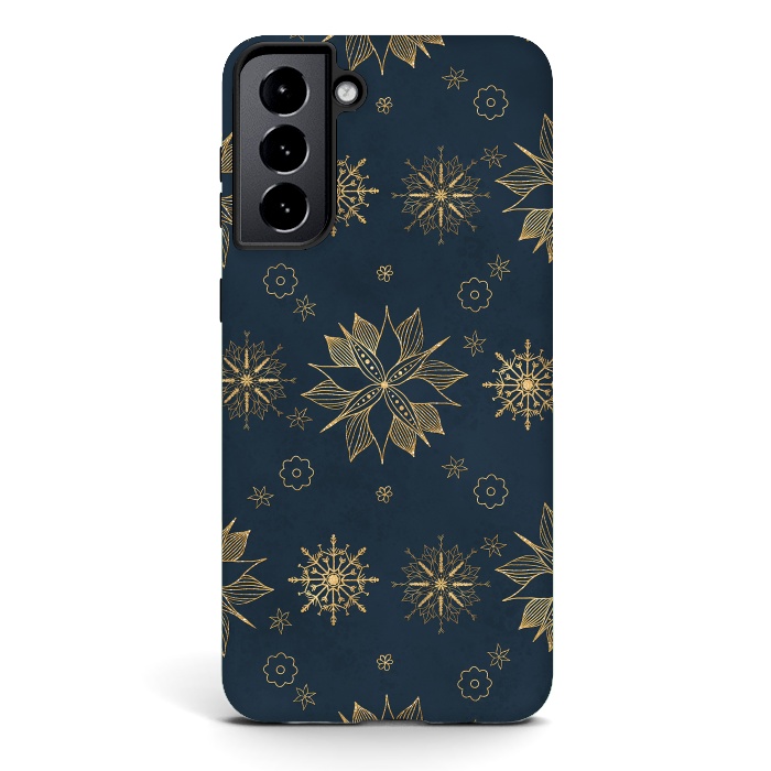 Galaxy S21 StrongFit Elegant Gold Blue Poinsettias Snowflakes Pattern by InovArts