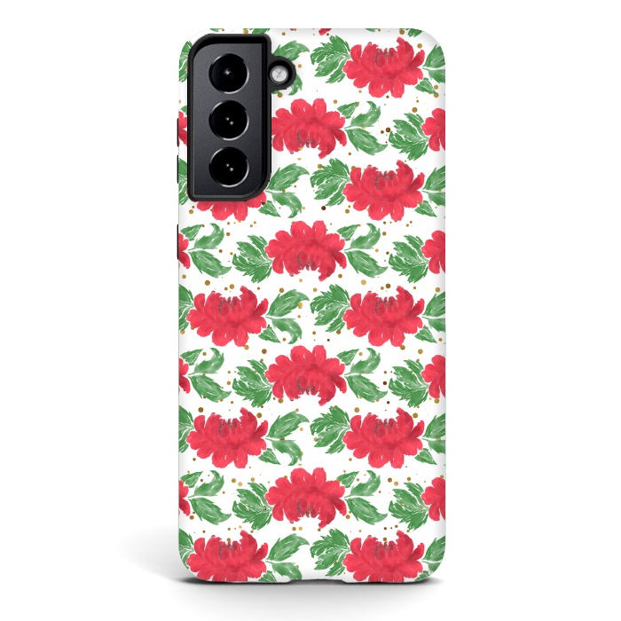 Galaxy S21 StrongFit Watercolor Winter Red Flowers Gold Dots Artwork by InovArts