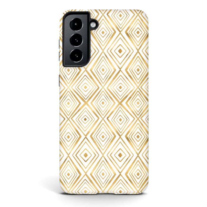 Galaxy S21 plus StrongFit Stylish Gold Diamond Shapes Doodles White Pattern by InovArts