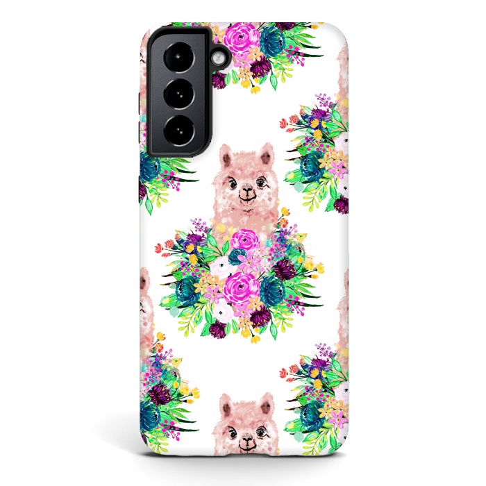 Galaxy S21 StrongFit Cute Pink Alpaca and Flowers Watercolor paint by InovArts