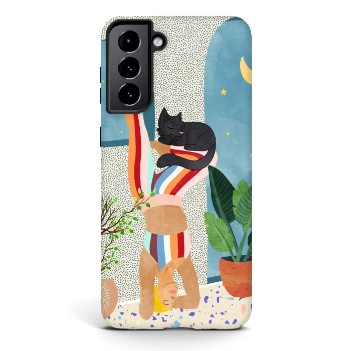 Galaxy S21 plus StrongFit Headstand, Cat Yoga, Active Woman Workout, Eclectic Colorful Pets Terrazzo by Uma Prabhakar Gokhale