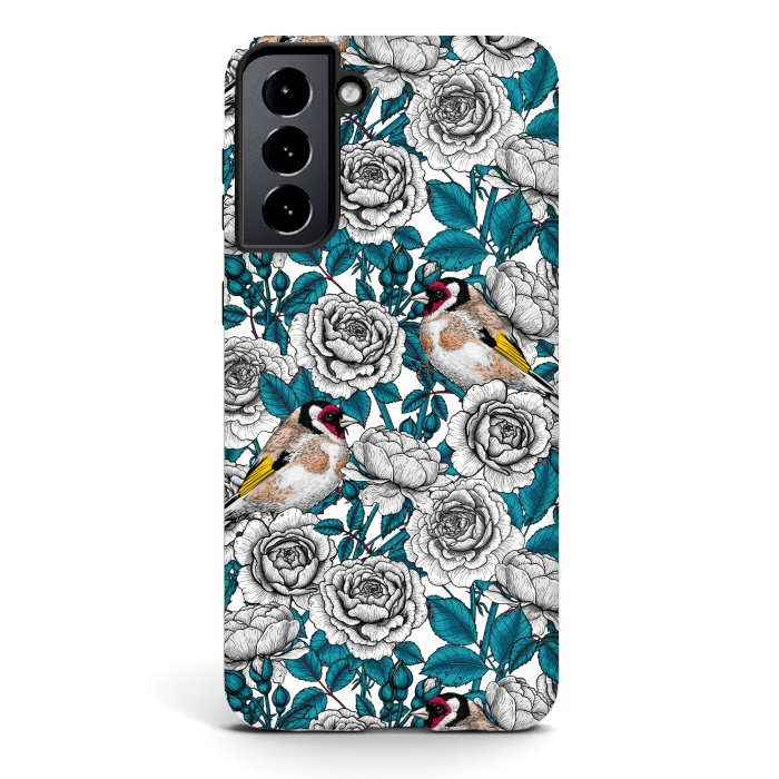 Galaxy S21 StrongFit White rose flowers and goldfinch birds by Katerina Kirilova