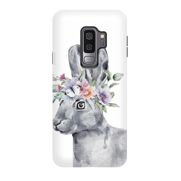 Galaxy S9 plus StrongFit cute watercolor rabbit with flowers by haroulita