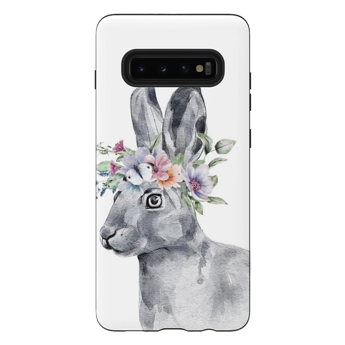 Galaxy S10 plus StrongFit cute watercolor rabbit with flowers by haroulita