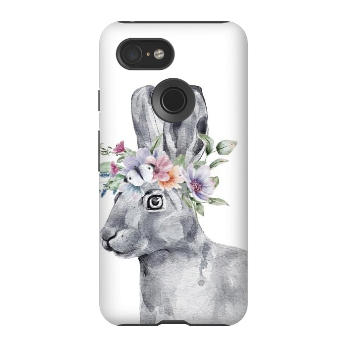 Pixel 3 StrongFit cute watercolor rabbit with flowers by haroulita