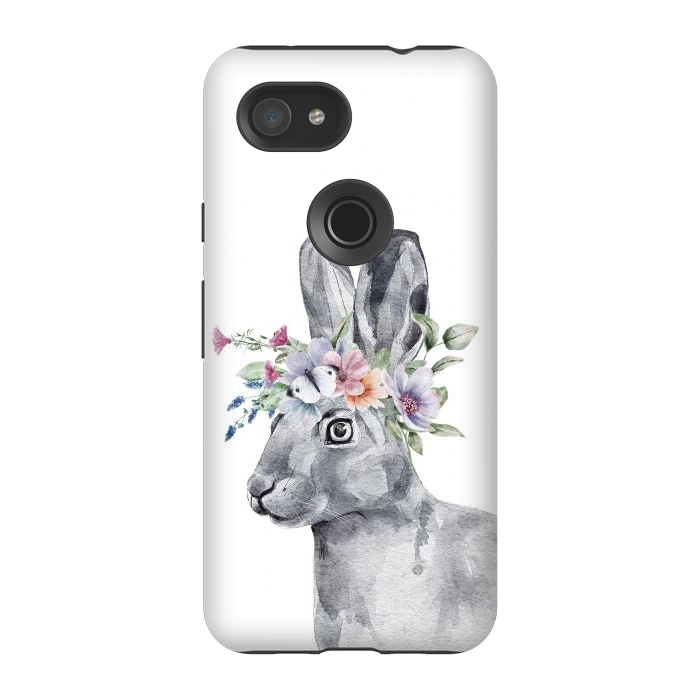 Pixel 3A StrongFit cute watercolor rabbit with flowers by haroulita
