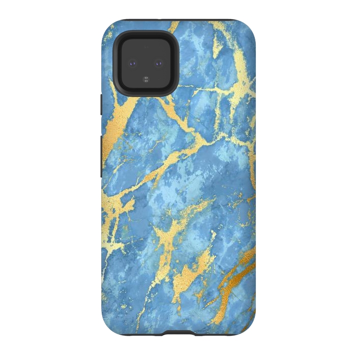 Pixel 4 StrongFit sky blue gold marble by haroulita