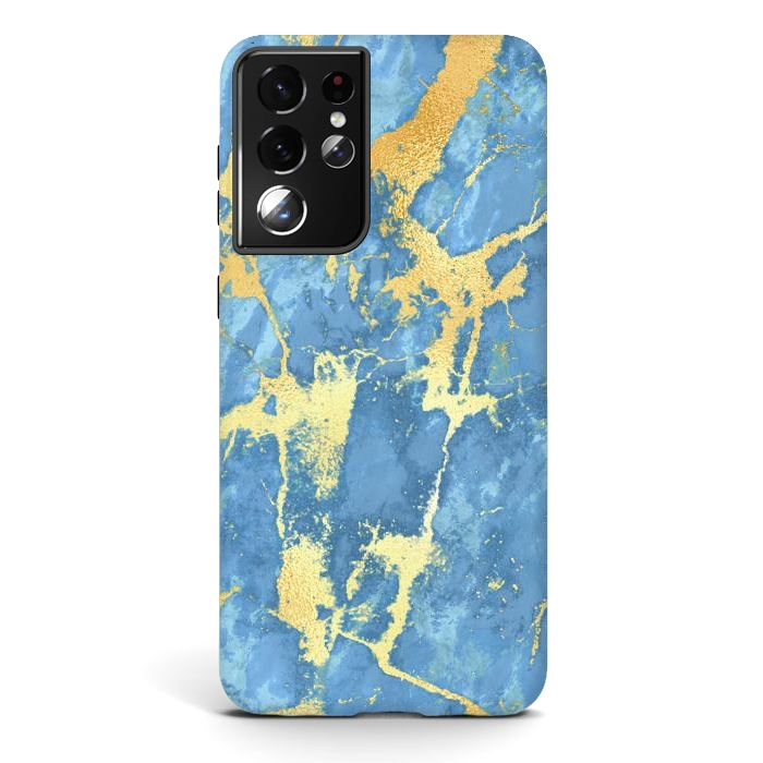 Galaxy S21 ultra StrongFit sky blue gold marble by haroulita