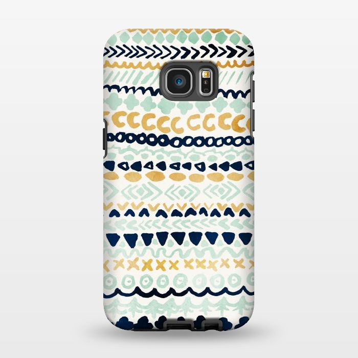 Galaxy S7 EDGE StrongFit Navy, Teal & Mustard Tribal by Tangerine-Tane