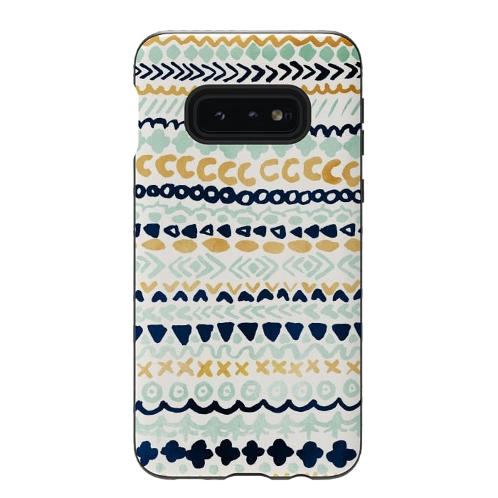 Galaxy S10e StrongFit Navy, Teal & Mustard Tribal by Tangerine-Tane