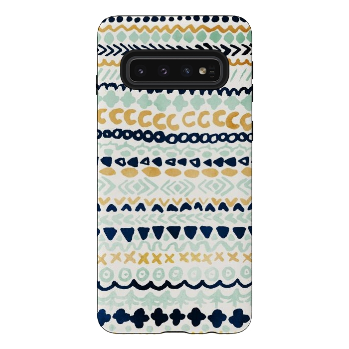 Galaxy S10 StrongFit Navy, Teal & Mustard Tribal by Tangerine-Tane