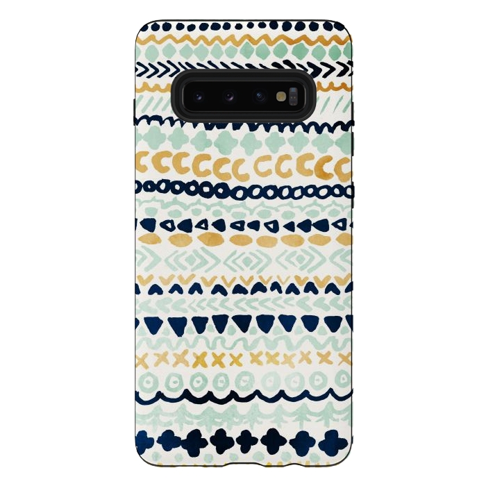 Galaxy S10 plus StrongFit Navy, Teal & Mustard Tribal by Tangerine-Tane