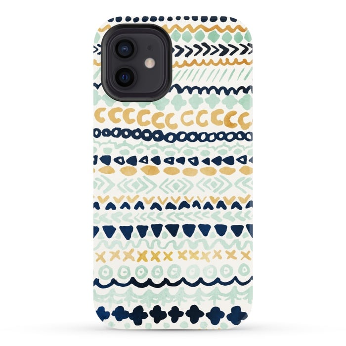 iPhone 12 StrongFit Navy, Teal & Mustard Tribal por Tangerine-Tane