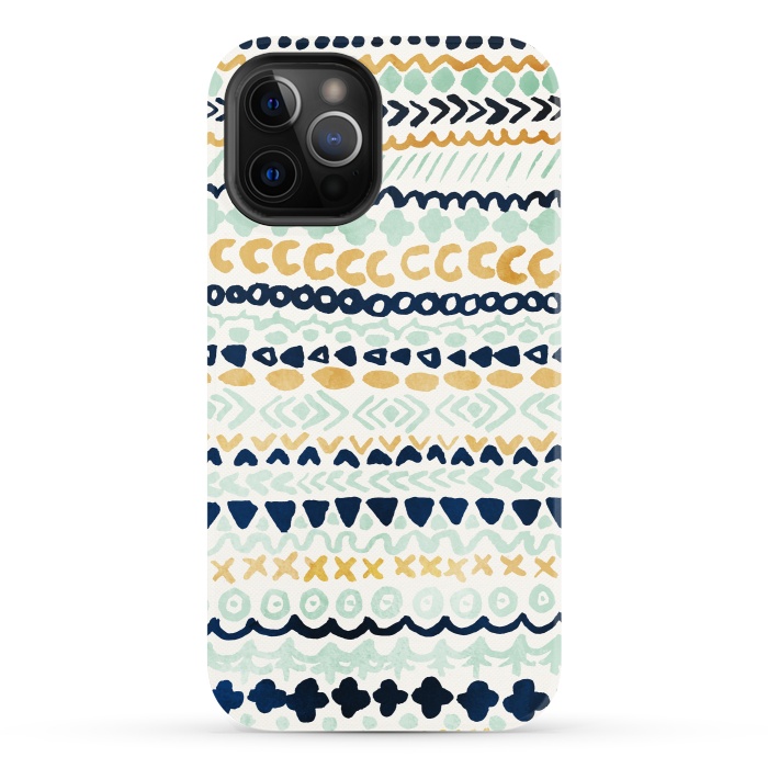 iPhone 12 Pro StrongFit Navy, Teal & Mustard Tribal by Tangerine-Tane