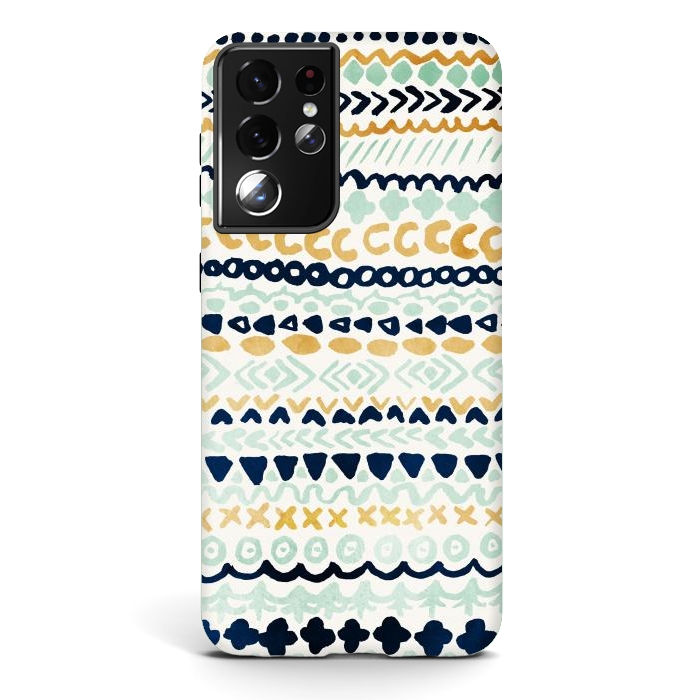 Galaxy S21 ultra StrongFit Navy, Teal & Mustard Tribal by Tangerine-Tane