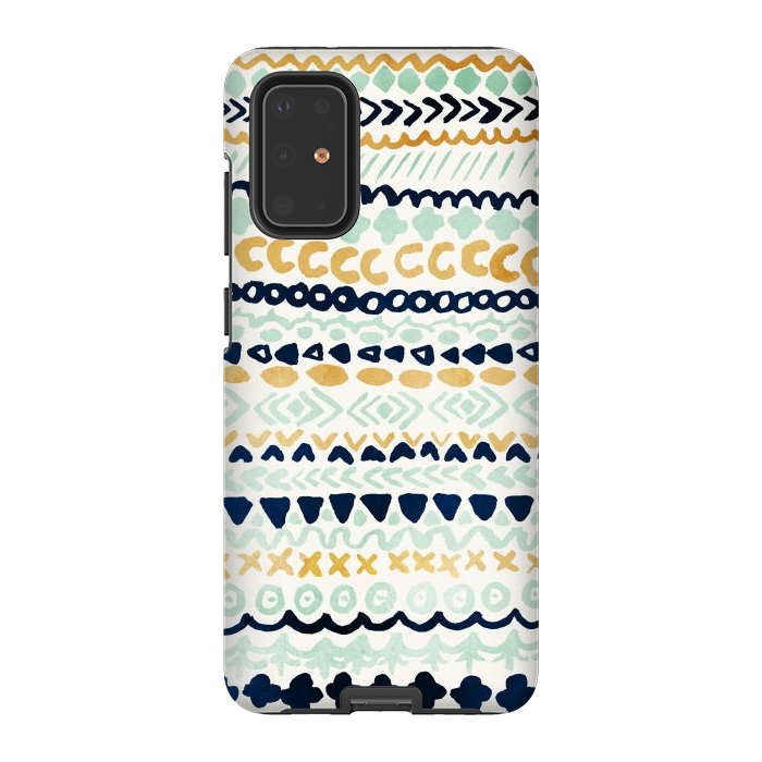 Galaxy S20 Plus StrongFit Navy, Teal & Mustard Tribal by Tangerine-Tane