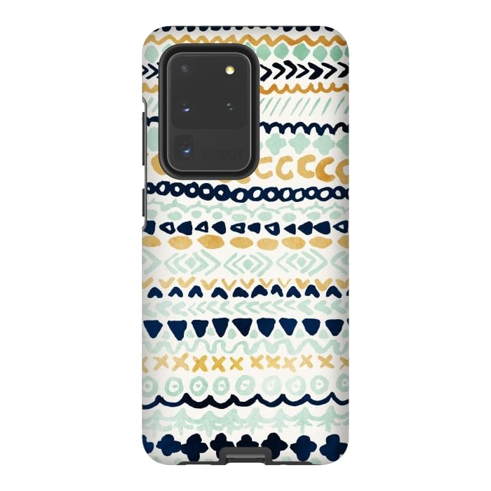 Galaxy S20 Ultra StrongFit Navy, Teal & Mustard Tribal by Tangerine-Tane