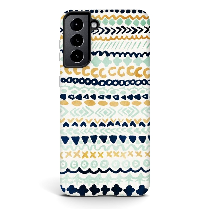 Galaxy S21 plus StrongFit Navy, Teal & Mustard Tribal by Tangerine-Tane
