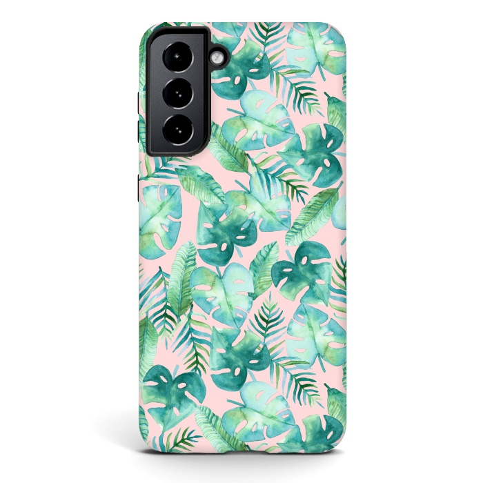 Galaxy S21 StrongFit Cyan Tropical Jungle on Pink by Tangerine-Tane