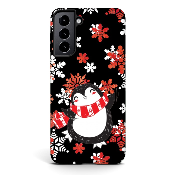 Galaxy S21 StrongFit Cute penguin and winter snowflakes Jolly Christmas illustration by Oana 